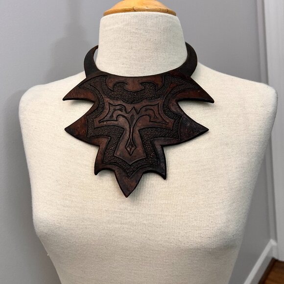 Vintage Leather Breastplate Choker Engraved Necklace Statement Piece African - Picture 12 of 14